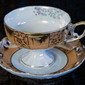 VINTAGE Japan Lusterware Teacup w/Saucer GOLD WARM CARAMEL BROWN Lattice…